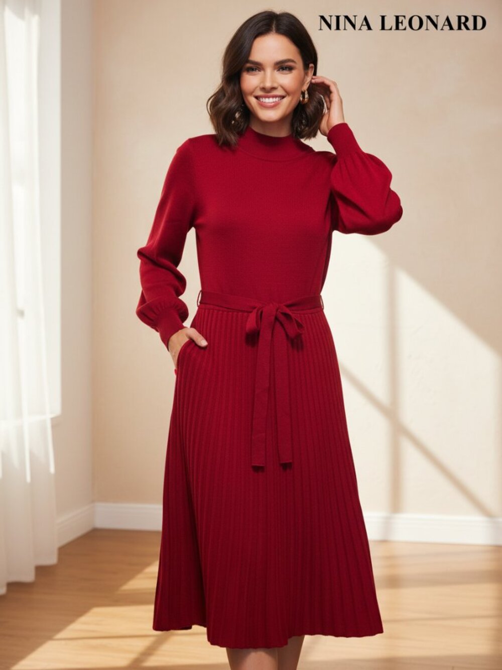 Red Pleated Midi Sweater Dress Med Balloon Sleeve Elegant Knit Dress